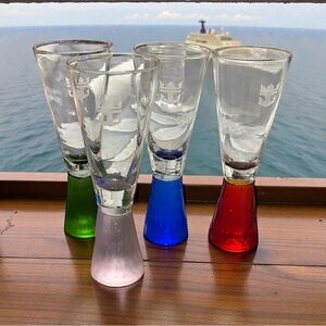 Royal Caribbean Liquor Shooter Glasses - Set of 4 with different colored bottoms